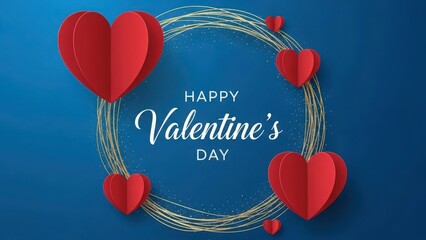 Happy valentine's day greeting with red paper hearts and gold lines