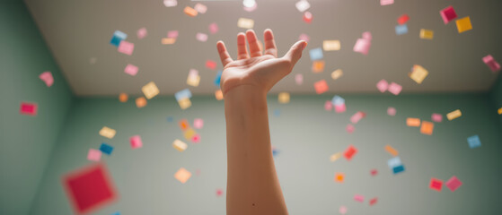Hand reaching upward amidst colorful confetti creates joyful and celebratory atmosphere