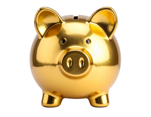  Golden piggy bank front view shiny coin bank isolated on transparent background PNG