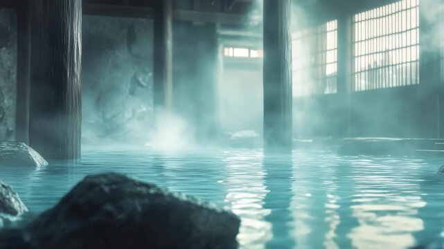 Steamy, atmospheric interior of a traditional japanese onsen or hot spring bath with natural rock elements and soft window light 4k video
