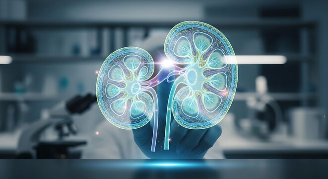 Medical professional holding a digital illustration of a kidney showcasing medical advancements