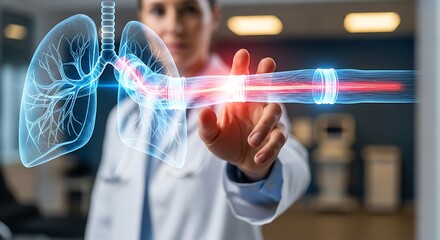 Healthcare professional engaging with advanced holographic lung visualization, intricately examining respiratory pathways for precise medical diagnosis and treatment insights