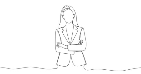 Continuous one line drawing of a business woman in a suit with her arms crossed. Editable black stroke on a white background. Vector illustration.