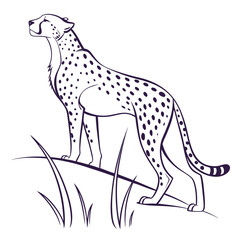 Elegant outline illustration of a majestic cheetah standing proudly on a grassy hill with its head held high showcasing its spotted coat and sleek physique