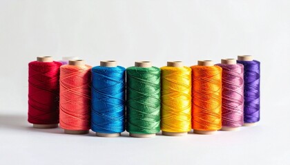Row of nine upright thread spools in gradient colors on white background
