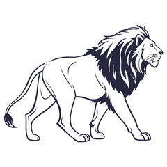 A majestic male lion with a full mane walks confidently from left to right in a stylized line art illustration against a white background