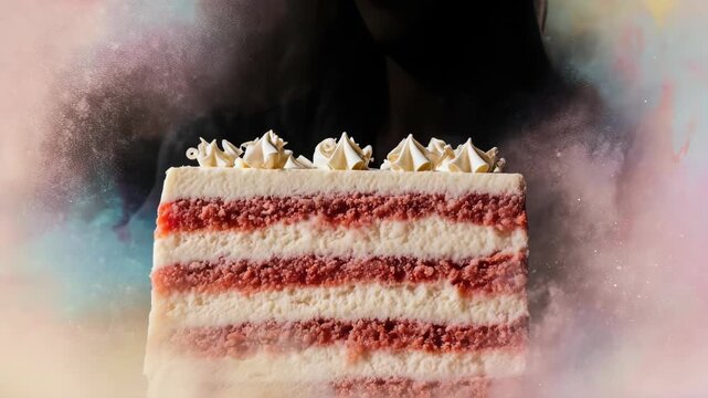 Close-up of layered cake, topped with swirl frosting, against a pastel background