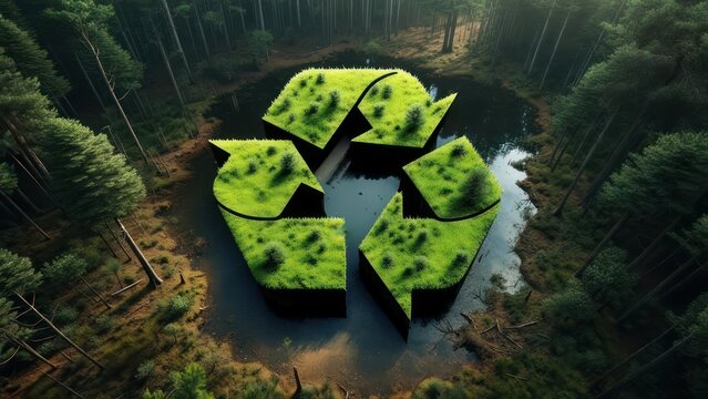 Verdant recycling symbol in a forest lake