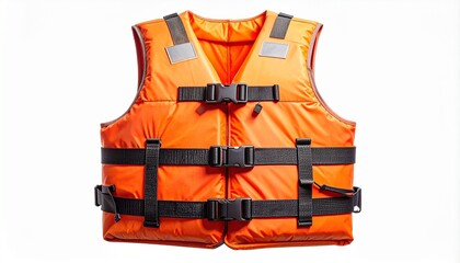 Orange life jacket with three black horizontal straps and plastic buckles on dark surface