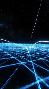 Rapid virtual reality grid fragmentation collapsing and rebuilding seamlessly in a vast dark three dimensional space suitable for technology concepts backdrop, dimensional, space