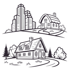 Contrast between urban city skyscrapers and charming countryside houses with trees and winding paths illustrating different living environments