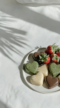 Elegant Valentine dessert plate features rich chocolate hearts and artisanal details. The scene captures sweet romance with refined styling. The composition has space for text