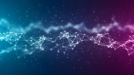 Abstract digital network visualization on gradient background with interconnected dots and geometric shapes creating a