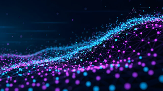 Abstract futuristic visualization of network nodes connecting in dynamic digital space generating vibrant purple and