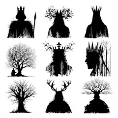 Black silhouettes of fantasy creatures and trees for design and illustration on transparent background