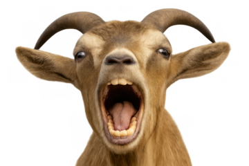 Goat making a funny screaming face, yelling, or shouting with an open mouth, expressing surprise or shock, transparent background