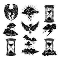 Tattoo style icons with wings, hourglasses, clouds, and lightning bolts on transparent background