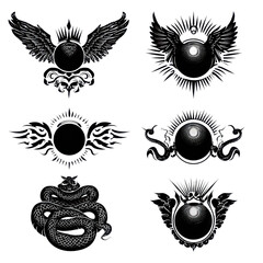 Tattoo design elements with wings, eyes, and snake, black and white vector illustrations on transparent background