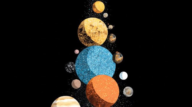 Stylized illustration of colorful planets orbiting in deep space