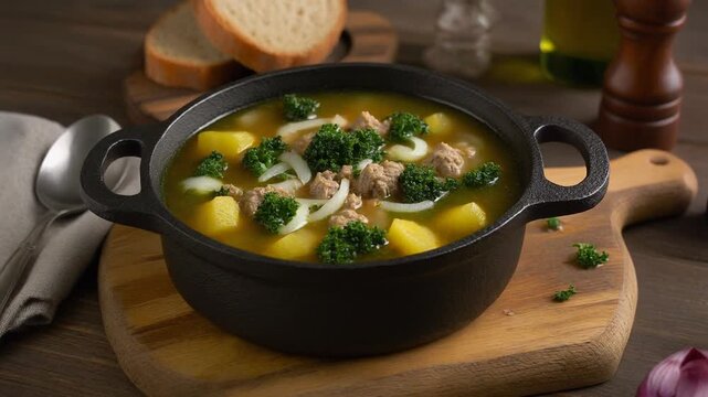 Gr&uuml;nkohlsuppe mit Mettenden, Kartoffeln und Zwiebeln,