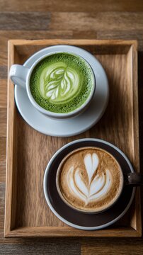 Artisan coffee crafted with precision: vibrant green matcha latte and classic cappuccino showcase barista's skill in elegant wooden serving tray