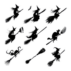 Halloween witch silhouettes flying on broomsticks with cat, black vector icons set on transparent background