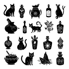 witchcraft and magic icons with cats, potions, and spells, black vector illustrations on transparent background