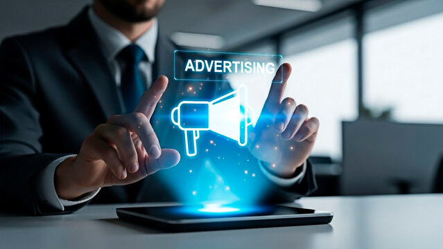 Businessman interacting with a holographic advertising concept for a concept of modern marketing and digital advertising.