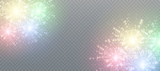 Fototapeta premium Festive multicolored bursts of fireworks and salutes on a transparent PNG background for New Year's and holiday overlays, cards, banners, and digital illustrations.