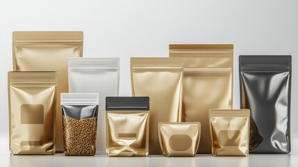 Variety of stand-up pouches in different sizes and colors arranged on a neutral background