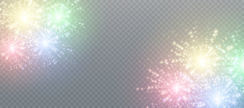 Festive multicolored bursts of fireworks and salutes on a transparent PNG background for New Year's and holiday overlays, cards, banners, and digital illustrations.