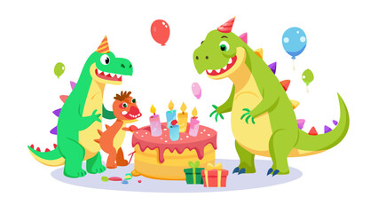 Obraz premium A cartoon dinosaur family decorating a huge birthday cake with icing, sprinkles, cherries, fun expressions, colorful and joyful atmosphere