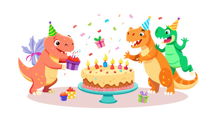 Obraz premium A cartoon dinosaur family decorating a huge birthday cake with icing, sprinkles, cherries, fun expressions, colorful and joyful atmosphere