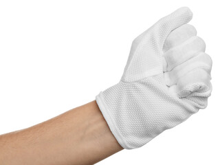 Woman in cloth glove showing fist on white background, closeup