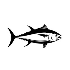 Obraz premium A bold black and white graphic illustration of a tuna fish swimming on a plain background.