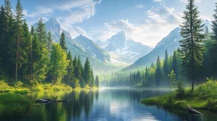 A tranquil mountain lake surrounded by coniferous forests and snow-capped peaks conveys the harmony of untouched nature, making it ideal as an atmospheric backdrop for meditative applications.