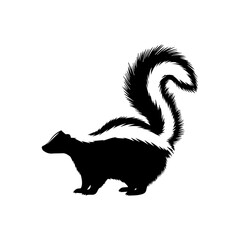 Black silhouette of a striped skunk standing in profile with its bushy tail raised high.