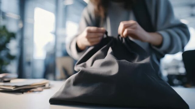 Focused individual unpacks a black drawstring bag in a bright, contemporary workspace, suggesting productivity and preparation. The blurred background highlights a professional atmosphere