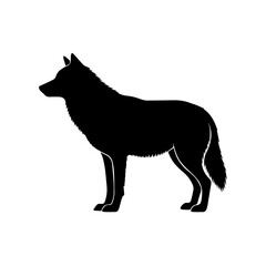A black silhouette of a wolf or a similar dog breed standing in profile on a white background.