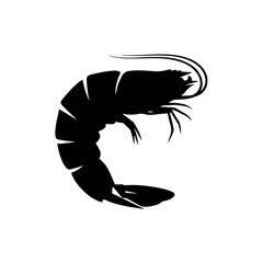 A simple black silhouette of a shrimp or prawn isolated on a white background.