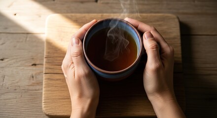 Hands holding a steaming cup of tea on a wooden board in sunlight