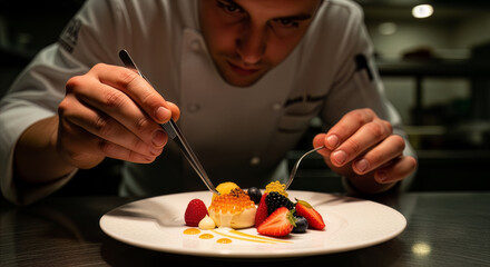 Chef styling elegant dessert with fresh fruits. Fine-dining dessert crafted with artistic detail. Gourmet chef arranging refined sweet creation. Culinary artist shaping premium plated dessert