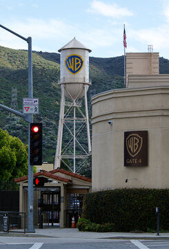 The water tower and gate 4 entrance to the Warner Brothers Studios lot at 3772 W Olive Avenue in Burbank, California. 
