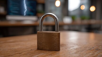 Metallic padlock on a wooden table representing digital security and protection against threats with a lightning bolt in the background