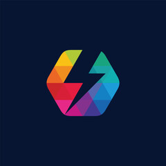 Fototapeta premium Vibrant polygonal lightning bolt logo design featuring a dynamic spectrum of colors within a hexagonal shape, symbolizing speed, energy, and innovation in a modern abstract style