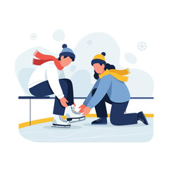 Obraz premium A young woman helps a man tie his ice skates as they sit on a bench by an outdoor rink in winter.