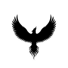 Obraz premium A majestic black silhouette of a mythical phoenix bird with its wings spread wide on a white background.
