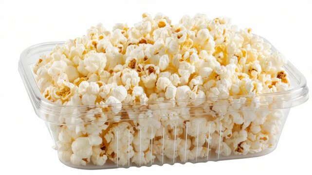Heap of Freshly Popped White Popcorn in Clear Plastic Container for Foodservice or Concessions with Crisp Texture and Golden Patches Against White Background