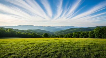 Fototapeta premium Vast green meadow with rolling hills and dramatic streaky clouds