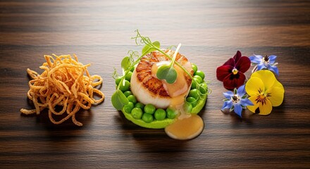 Seared scallop on peas with fried onions and edible flowers on wood table